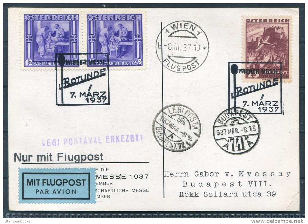 1937 Austria Wien Budapest Hungary Airmail Luftpost Flugpost Rotunde Messe Rathaus Postcard - Other & Unclassified