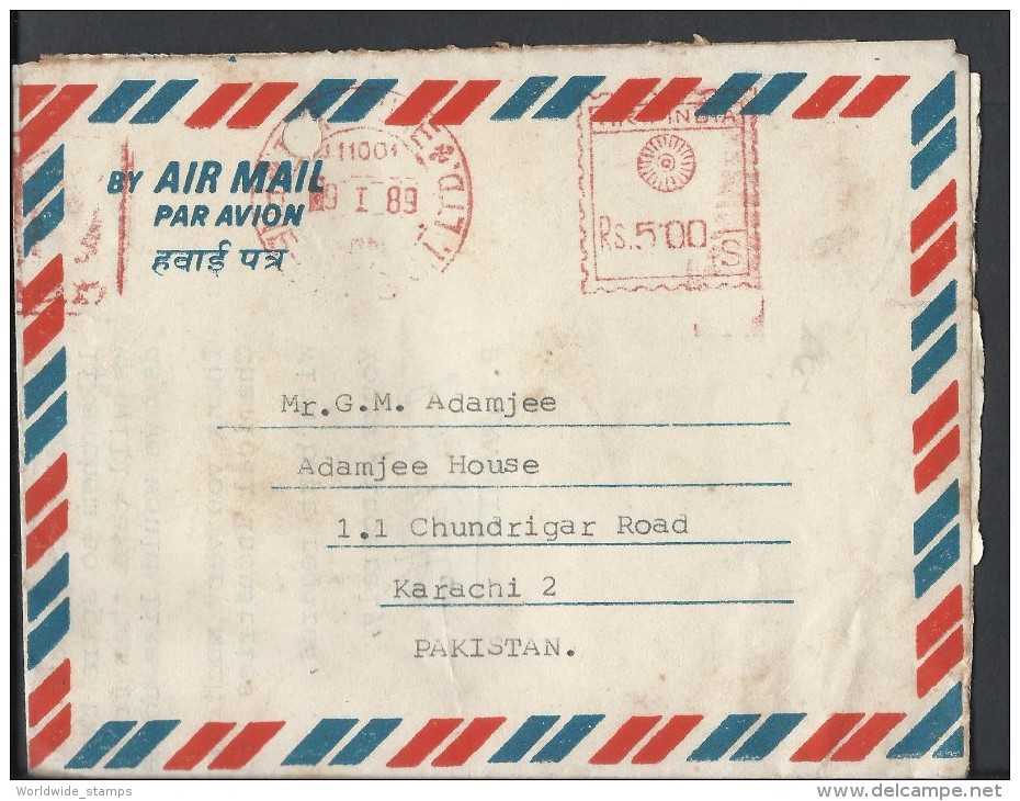 India Airmail 1989 Rs.5 Franking Machine Postal History Cover Sent To Pakistan. - Poste Aérienne
