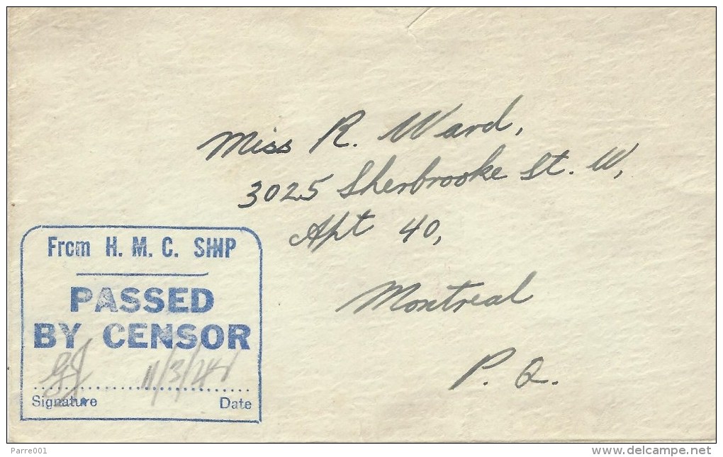 Canada 1944 HMC Ship Passed By Censor Unfranked Naval Cover - Brieven En Documenten