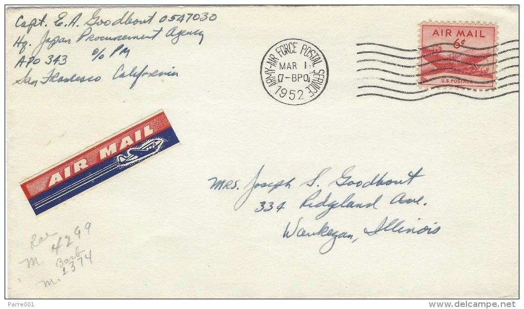 USA 1952 APO 343 Japan Corea War Military Airmail Cover - 2c. 1941-1960 Brieven