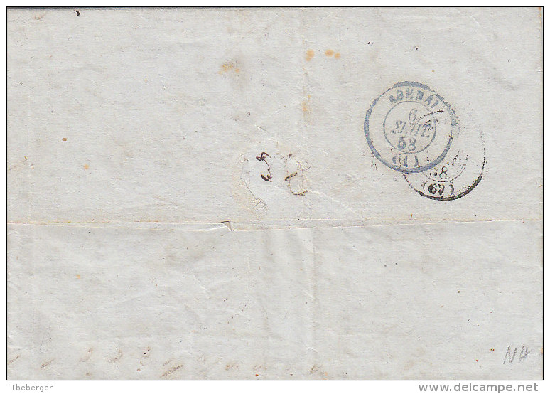 Greece TRIPOLIS Cds In Rare Blue Colour On Stampless Cover To Syros 1858 (n66) - ...-1861 Prephilately