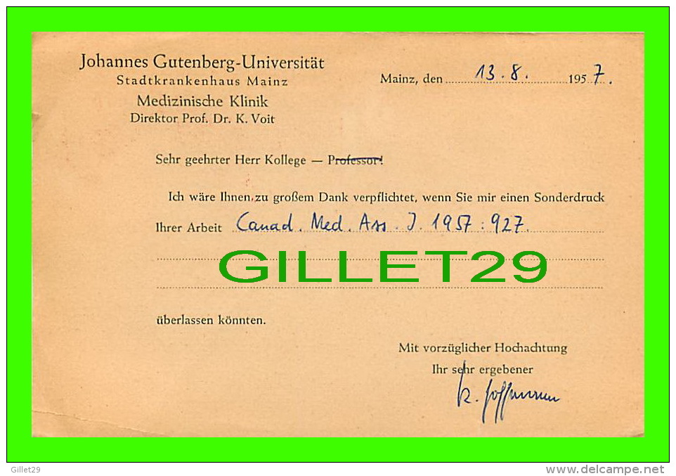 SANTÉ - DR. KURT HOFFMANN, JOHANNES GUTENBERG UNIVERSITAT - TRAVEL IN 1957 - SEGHR GEEHRTER HERR KOLLEGE - - Santé