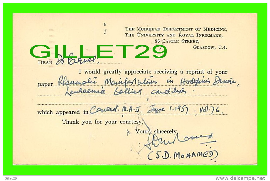 SANTÉ - DR. EDMOND PAQUET, HOTEL-DIEU QUÉBEC - THE MUIRHEAD DEPT,OF MEDECINE, GLASGOW - RHEUMATIC - TRAVEL 1957 - - Santé