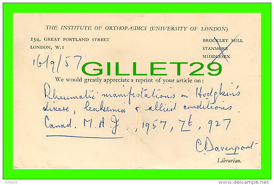 SANTÉ - DR. JEAN M. DELAGE, STE FOY,QUÉBEC - INSTITUTE ORTHOPAEDICS LONDON W. I. - TRAVEL 1957 - RHEUMATIC - - Santé