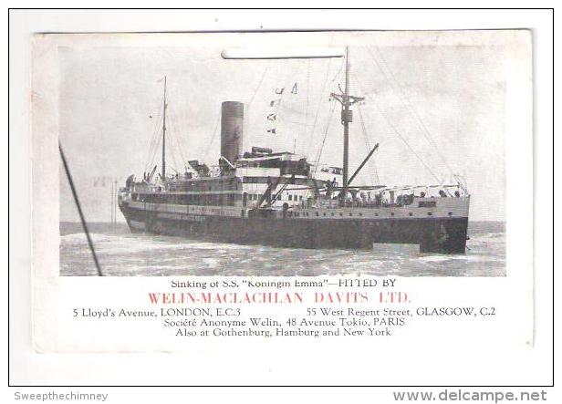 Disaster Sinking Of SS Konigen Emma Ship Fitted By Welin-Maclachlan Davits From A Tear Off Calendar . - Steamers