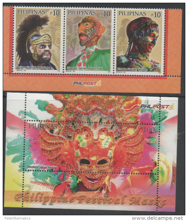 PHILIPPINES, 2014, MNH, MASKS, CARNIVAL, 3v+ EMBOSSED S/SHEET - Carnevale