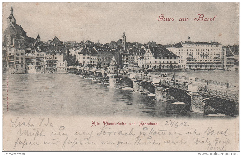 AK Gruss Basel Bale Stadt Alte Rheinbrücke Grossbasel Brücke Lichtdruck 1902 Briefmarke Timbre Stamp Suisse Helvetia - Bâle