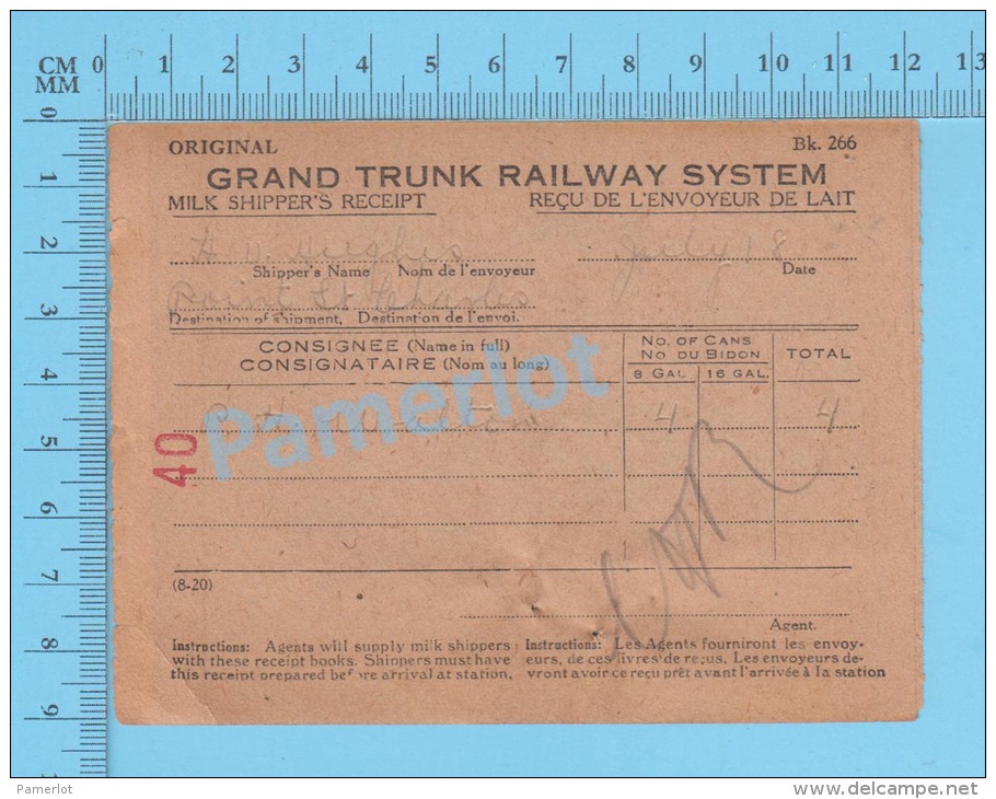 Grand Trunk Railway ( Milk Shipper's Receipt, Pointe Saint Charles, P. H. Walton, 4 X 8 Gal, Cir 1920 ) Quebec 2 SCANS - Documents Historiques