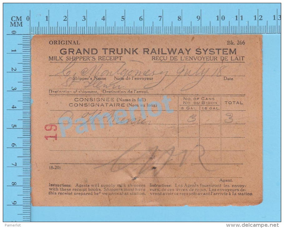 Grand Trunk Railway ( Milk Shipper´s Receipt, Saint Henri, L. Montgomery, 3 X 8 Gal, Cir 1920 ) Quebec 2 SCANS - Documents Historiques