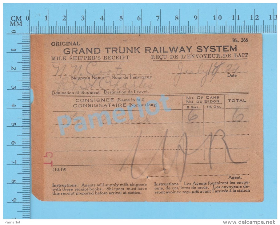 Grand Trunk Railway ( Milk Shipper's Receipt, Pointe St-Charles, H. Girard, 6 X 8 Gal, Cir 1920 ) Quebec 2 SCANS - Historical Documents