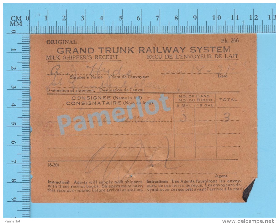 Grand Trunk Railway ( Milk Shipper's Receipt, St-Lambert, G. R. Norris, 3 X 8 Gal, Cir 1920 ) Quebec 2 SCANS - Documents Historiques