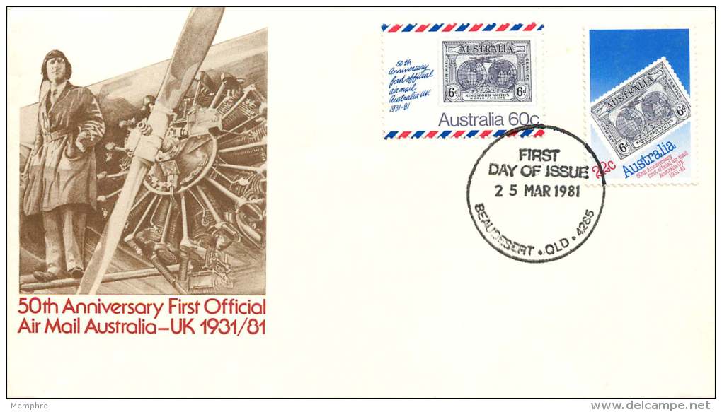 1981  50th Anniversary First Official Air Mail Australia - U.K.  Official FDC  Unaddressed - FDC