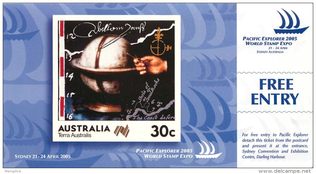 Pacific Explorer 2005 World Stamp Expo  Sydney  Postcard And Entrance Ticket  Unused - Cartas & Documentos