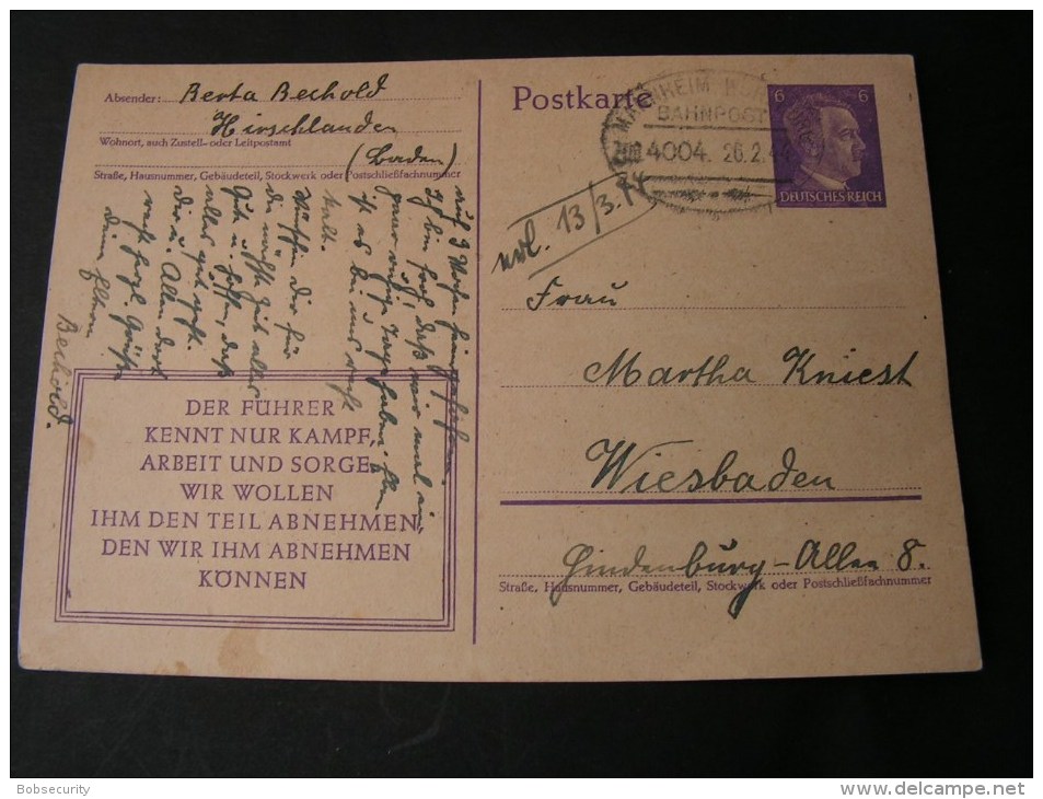 == DR Karte  Bahnpost  Mannheim 1944 - Other & Unclassified