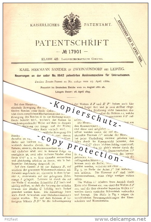 Original Patent - Karl H. Sander In Zweinaundorf Bei Leipzig , 1881 , Auslesemaschine Für Unkrautsamen , Landwirtschaft - Historische Dokumente