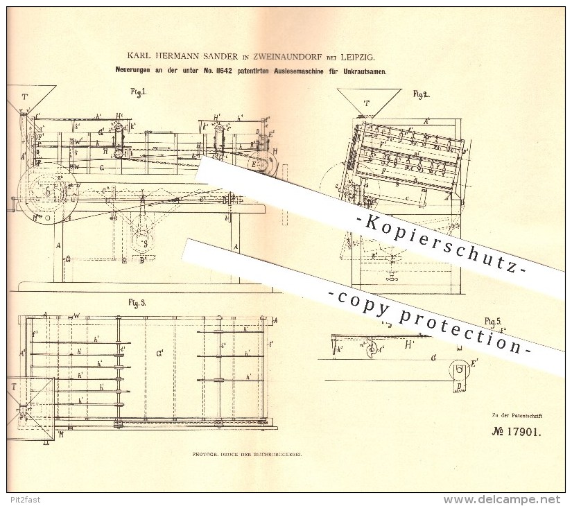 Original Patent - Karl H. Sander In Zweinaundorf Bei Leipzig , 1881 , Auslesemaschine Für Unkrautsamen , Landwirtschaft - Historische Dokumente