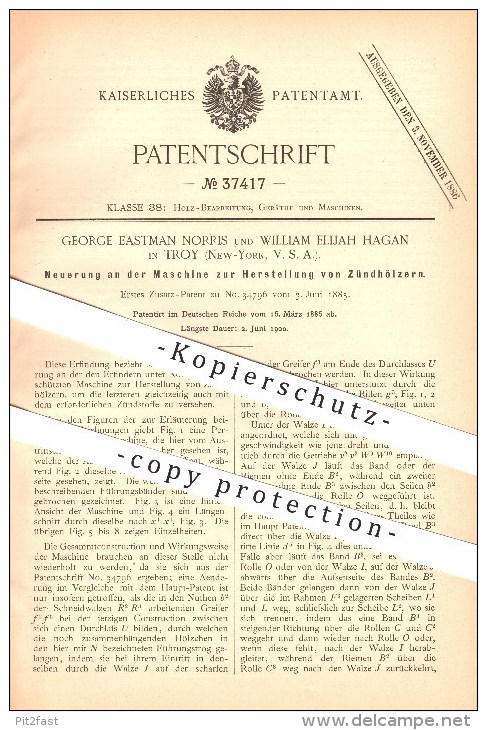 Original Patent - George E. Norris & William E. Hagan In Troy , New York , 1885 , Machine For Matches , Zündholz !! - Matchboxes