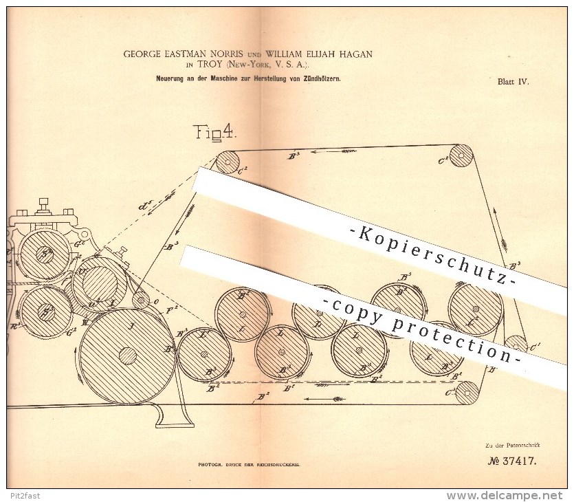 Original Patent - George E. Norris & William E. Hagan In Troy , New York , 1885 , Machine For Matches , Zündholz !! - Matchboxes