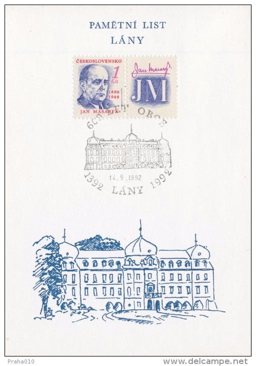 J0872 - Czechoslovakia (1992) Commemorative Sheet / Lany: 600 Years Of Village (Jan Masaryk - Birth Anniversary) - Blocks & Sheetlets