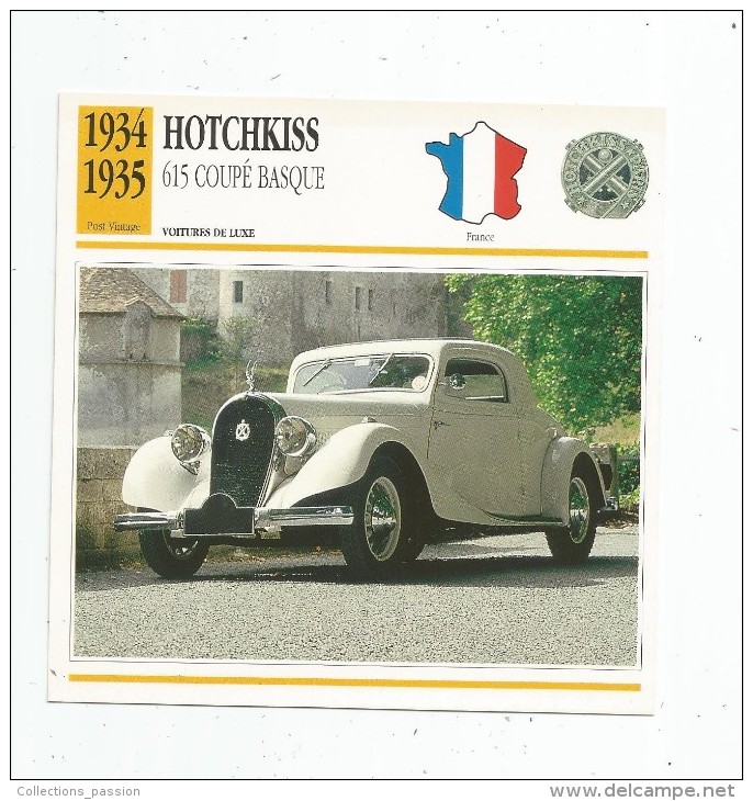 Fiche Illustrée , Automobile , Voitures De Luxe , Edito-service , France , 1934/1935 , HOTCHKISS , 615 Coupé Basque - Auto's