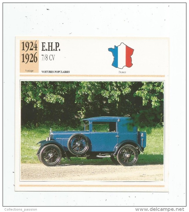 Fiche Illustrée , Automobile , Voitures Populaires , Edito-service , France , 1924/1926 , E.H.P. , 7/8 Cv - Coches