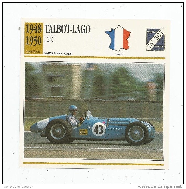 Fiche Illustrée , Automobile , Voitures De Course , Edito-service , France , 1948/1950 , Talbot-Lago , T26C - Voitures