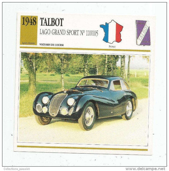 Fiche Illustrée , Automobile , Voitures De Course , Edito-service , France , 1948 ,  Talbot , Lago Grand Sport N° 110105 - Cars