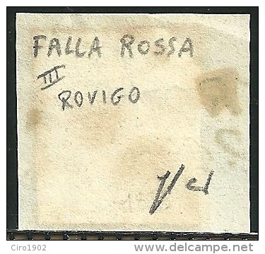 1850 - LOMBARDO VENETO - 15 CENT. - 6a - ROVIGO - VARIETA´ - SIGNED  - SPL - Lombardo-Vénétie