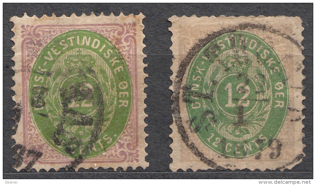 Denmark Danish Antilles (West India) 1876 Mi#12I A And B (yellow Green And Smaragd Green) Yvert#11 Used - Danemark (Antilles)