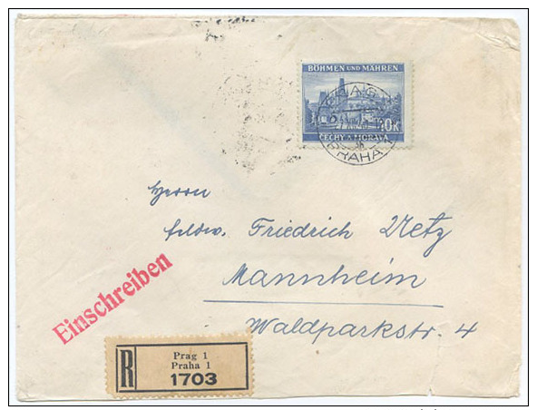 1940 BOEMIA E MORAVIA  K. 10  ISOLATO BUSTA RACCOMANDATA PRAHA 27.12.40 PER MANNHEIM 28.12.40 (A535) - Storia Postale