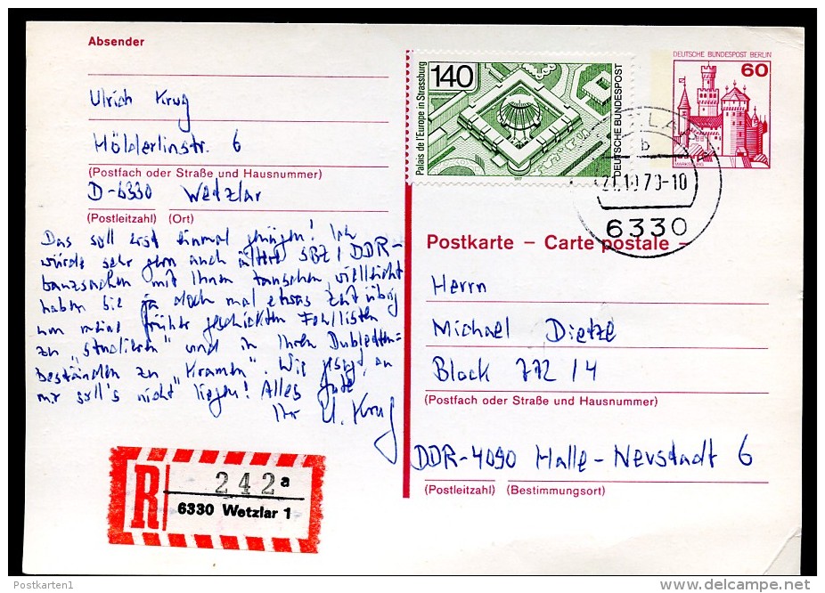 BERLIN P110 Postkarte EINSCHREIBEN Wetzlar -Halle-Neustadt 1979 - Postkaarten - Gebruikt