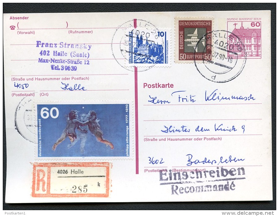 BERLIN P122I Postkarte EINSCHREIBEN Halle-Badersleben 30.07.1990 - Cartes Postales - Oblitérées