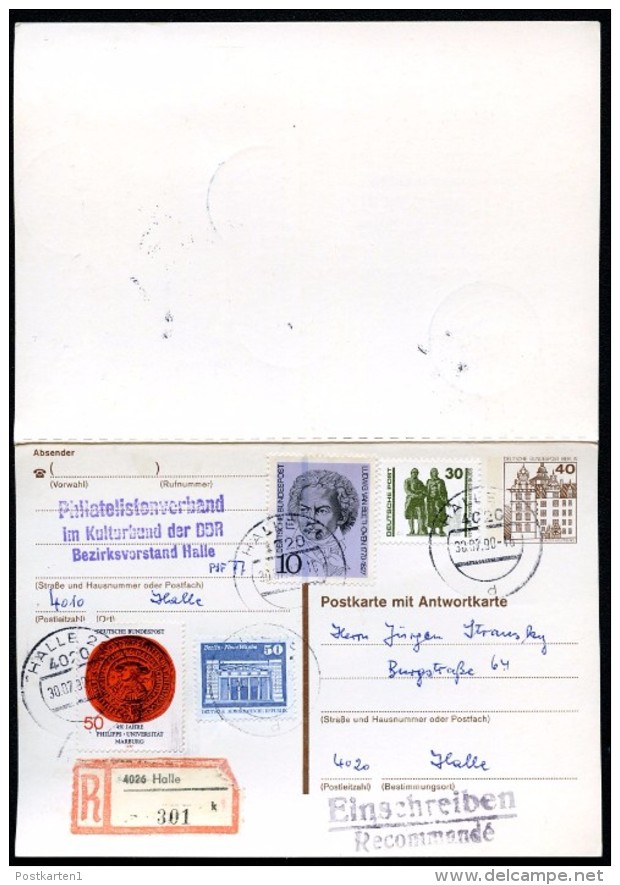 BERLIN P124 I Antwort-Postkarte EINSCHREIBEN Halle 30.07.1990 - Cartes Postales - Oblitérées
