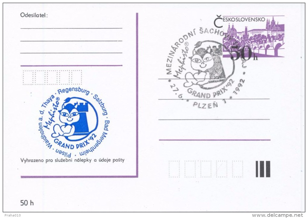 J0880 - Czechoslovakia / Postal Stationery (1992) Plzen 1: Internat. Chess Tournament Mephisto GRAND PRIX '92 (blue) - Scacchi