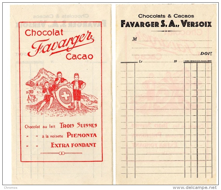 Facture Ancienne De Chocolat FAVARGER, Versoix, Suisse, Format: Env. 21 X 11,5 Cm - Suisse