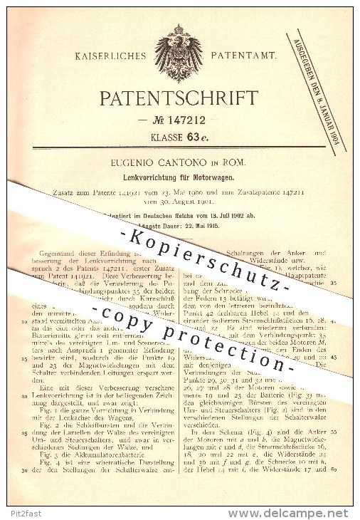 Original Patent - Eugenio Cantono In Rom , 1902 , Sterzo Dei Veicoli A Motore , Automobile !!! - KFZ