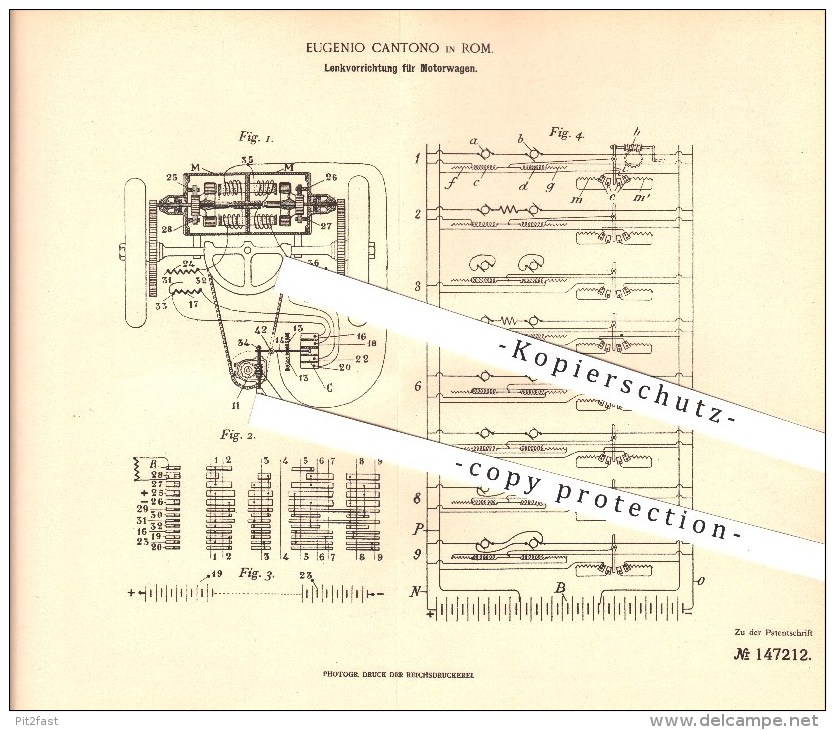 Original Patent - Eugenio Cantono In Rom , 1902 , Sterzo Dei Veicoli A Motore , Automobile !!! - KFZ