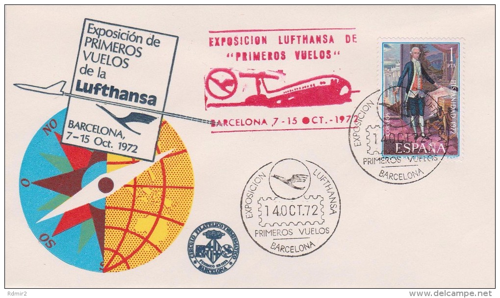 LUFTHANSA. Commemorative Cover And Cancellaton Of First Flights Exhibition, Barcelona, 1972 - Aviones