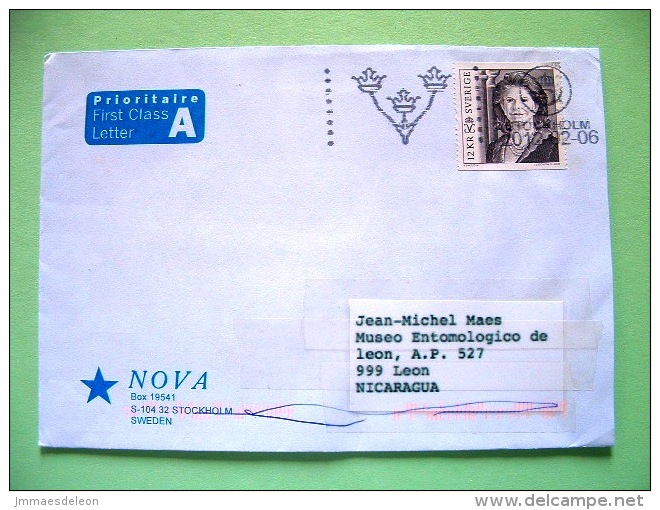 Sweden 2012 Cover To Nicaragua - Queen Crown Cancel - Storia Postale