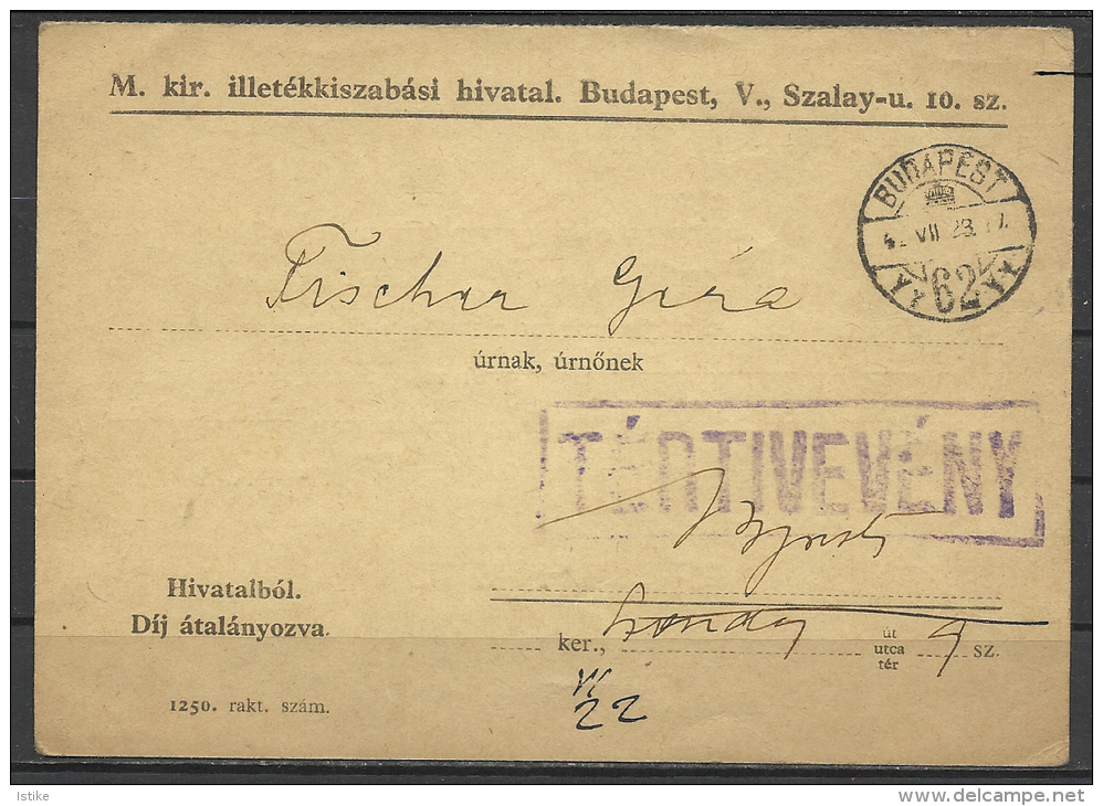 Hungary , Budapest, The Royal Tax Office Card, 1942. - Storia Postale