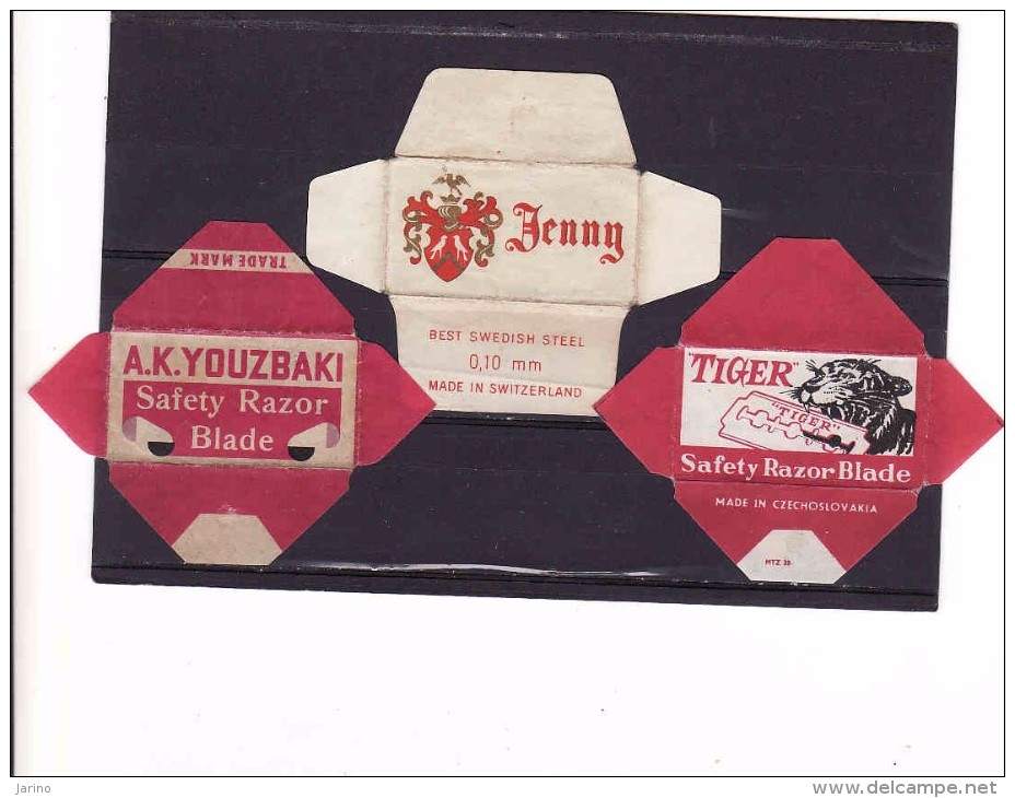 3 Old Razor Blade Wrappers-Rasierklinge Verpackungen-Enveloppeurs Lames De Rasoir-LAMETTA DA BARBA,Youzbaki,Jenny, Tiger - Hojas De Afeitar