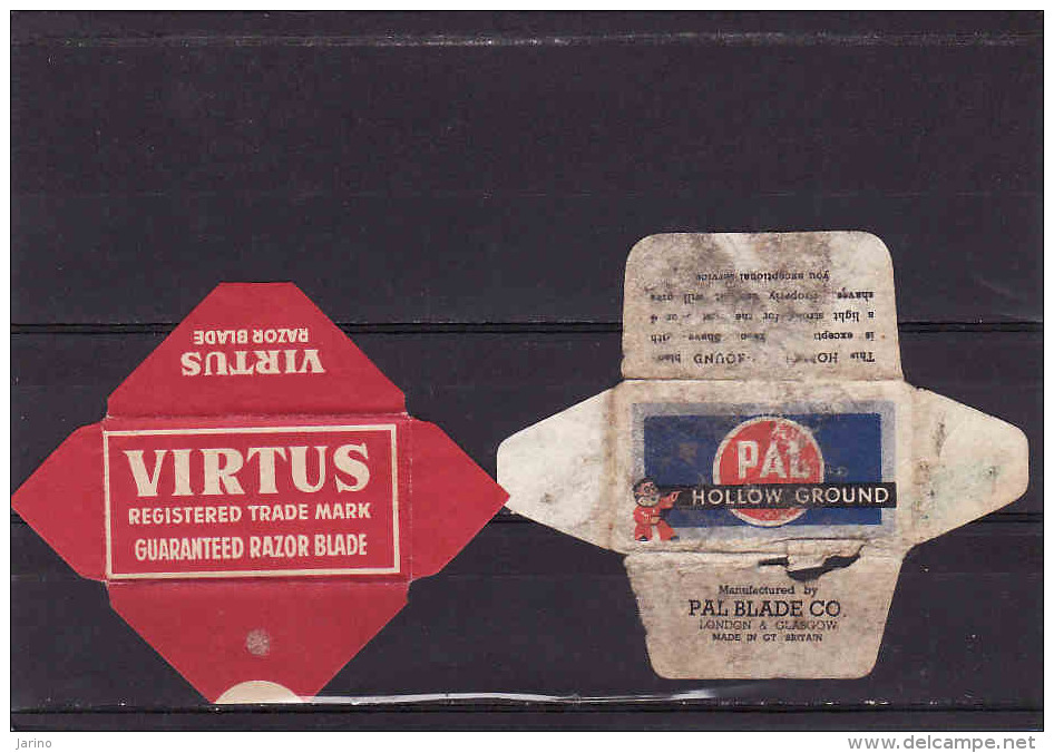 2 Old Razor Blade Wrappers-Rasierklinge Verpackungen-Enveloppeurs Lames De Rasoir-LAMETTA DA BARBA,Virtus, Pal-UK - Rasierklingen