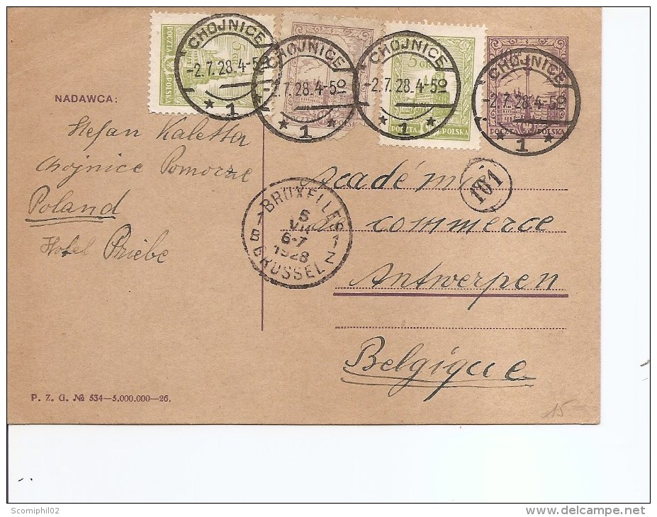 Pologne ( Carte Postale De 1928 De Chojnice Vers La Belgique à Voir) - Covers & Documents