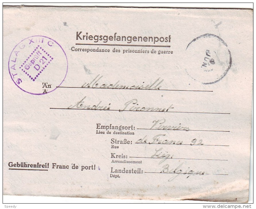 Brief  KRIEGSGEFANGENEN  "9 JUN 44" "STALAG XIII C / GEPRÜFT / D 21"+ "Kdo. 4408" (=HAMMELBURG) Naar VERVIERS - WW II (Covers & Documents)