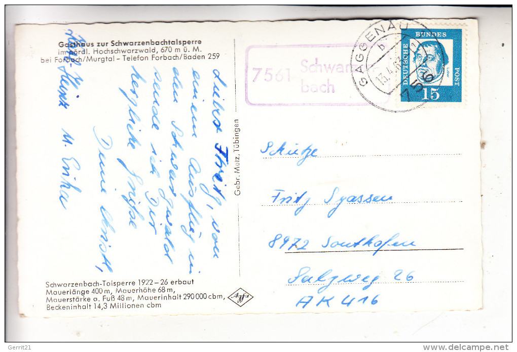 7561 SCHWARZENBACH, Schwarzenbachtalsperre, Landpoststempel "7561 Schwarzenbach", 1963 - Gaggenau