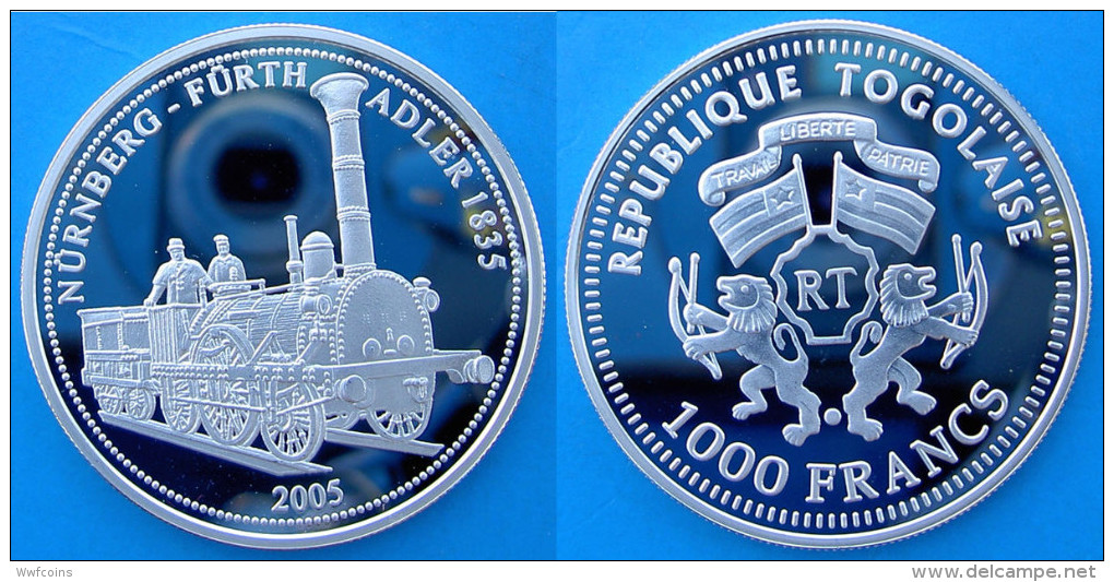 TOGO 1000 F 2005 ARGENTO PROOF SILVER TRAIN NURNBERG FURTH ADLER 1835 PESO 20g TITOLO 0,999 CONSERVAZIONE FONDO SPECCHIO - Togo