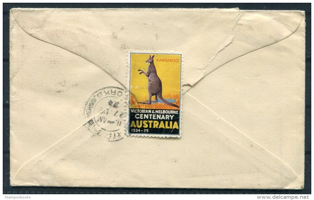 1934 Australia Redirected Airmail Cover Rippon School Richmond Surrey Victorian &amp; Melbourne Centenary Kangaroo Vigne - Briefe U. Dokumente