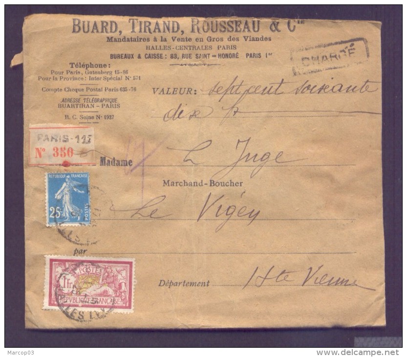 CHARGE Lettre Valeur Déclarée 770 Frs Paris Affranchissement 05/01/1925 1 Fr Merson 25 C Semeuse Bleu TB - 1921-1960: Modern Period