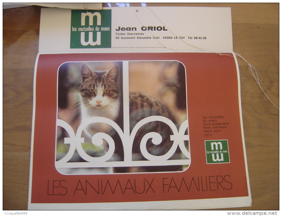 1977 Calendrier MUTUELLES DU MANS Les Animaux Familiers Chat Chien ... - Grand Format : 1961-70