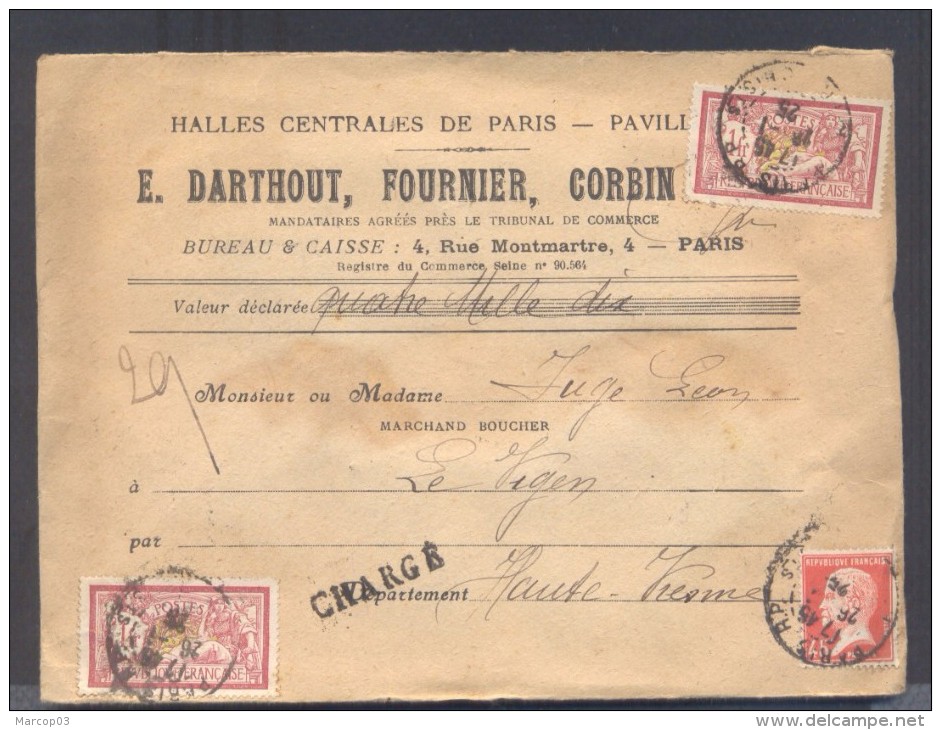 CHARGE Lettre Valeur Déclarée 4010  Frs Paris Affranchissement 26/01/1925 1 Fr Merson X 2 Et 45 C Pasteur TB - 1921-1960: Période Moderne